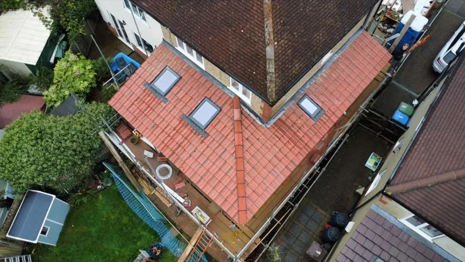 Aerial view of loft and roof extension with rooflights
